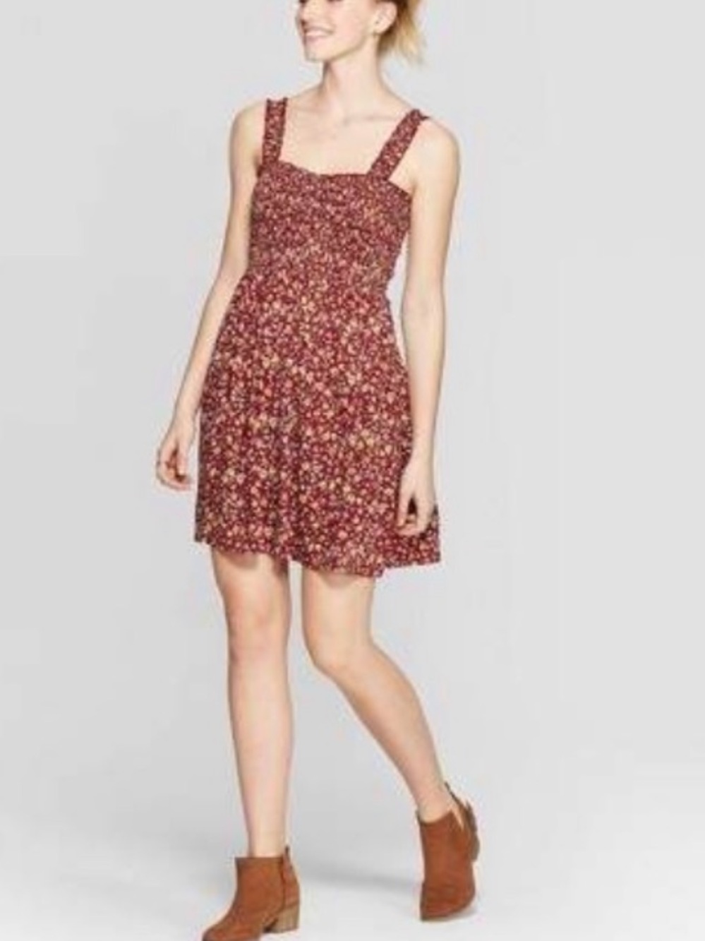 Xhileration Smocked Floral Sundress in Burgundy Floral